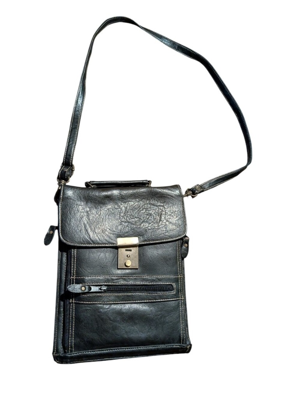 Vintage Leather Crossbody Messenger Bag - Black